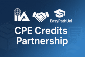 Global CPE credits partnership with globe, handshake, and graduation cap icons on blue background