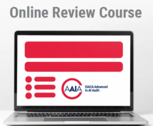 ISACA Advanced AI Audit online course interface on laptop with bold red design elements.