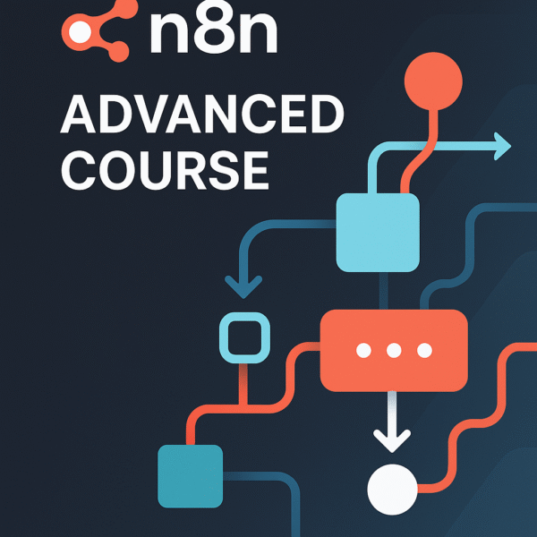 Advanced n8n automation course banner with workflow and network diagram elements.