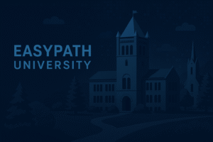 EasyPath University campus illustration with traditional academic buildings and serene blue background.