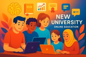 Diverse students engaged in online learning at New University with laptops and education icons.