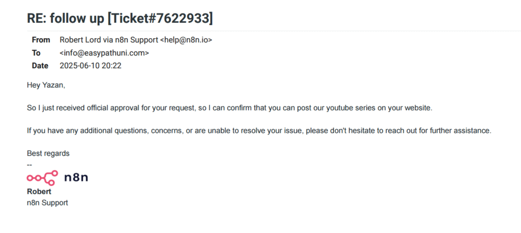 Email confirmation of YouTube series approval from n8n support to Yazaan.