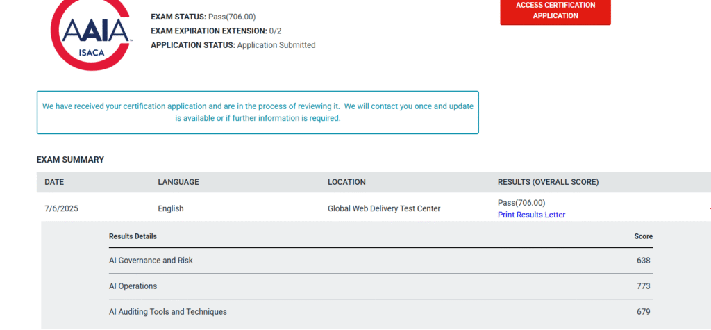 ISACA AAIA certification exam summary showing pass status, scores, and application update.