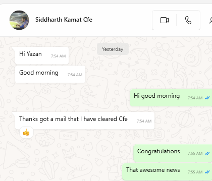 Chat conversation celebrating passing CFE certification with congratulations and emojis.