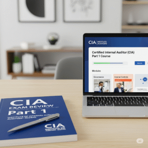 Study desk with CIA Part 1 exam laptop, CIA Exam Review book, pen, and calming workspace.