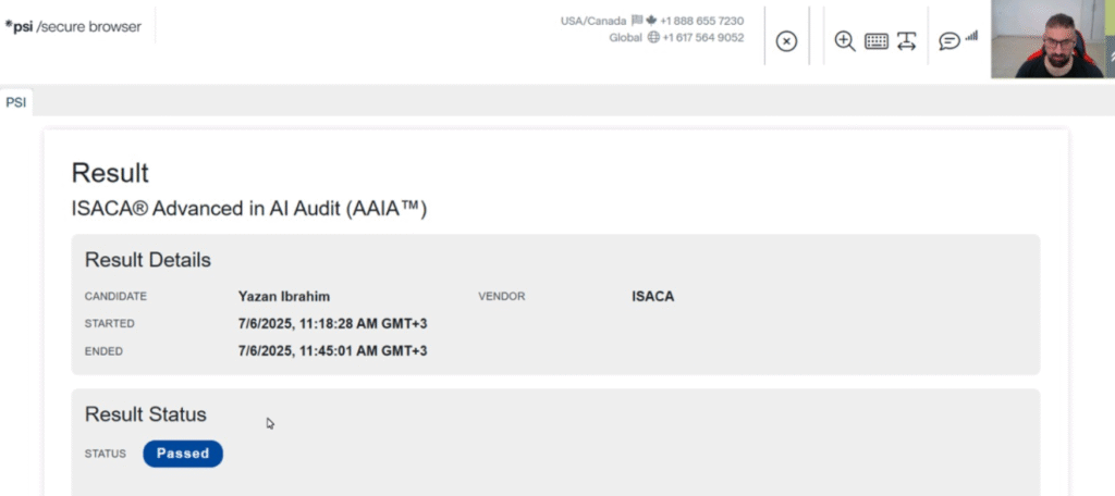 ISACA AAIA exam result showing Yazan Ibrahim passed AI auditing certification.