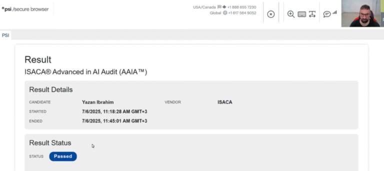 ISACA AAIA exam result screen showing Yazan Ibrahim passed