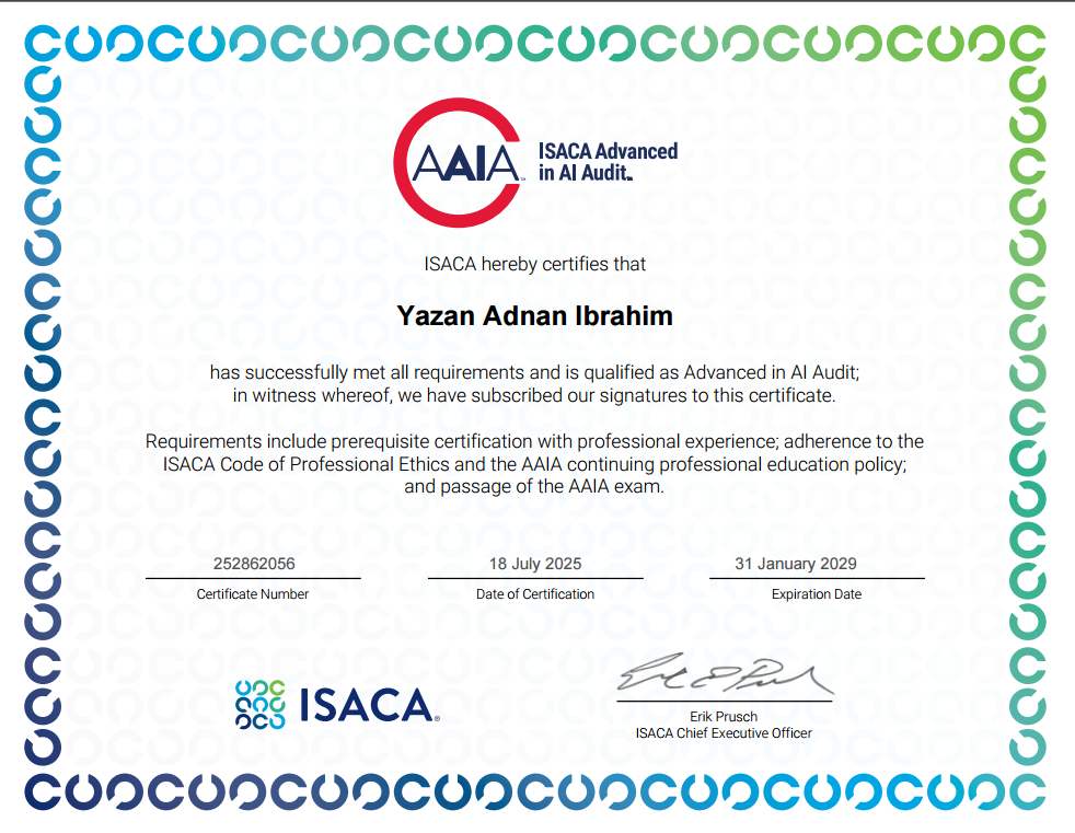 ISACA Advanced AI Audit certificate awarded to Yazan Adnan Ibrahim with expiration 2029.