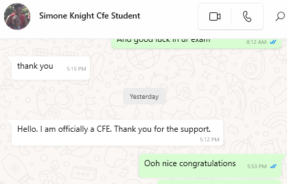 Chat showing Simone Knight celebrating CFE certification achievement with supportive messages.
