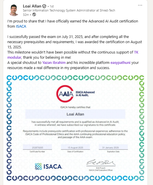 Advanced AI Audit certification awarded to Loai Allan by ISACA in 2025.