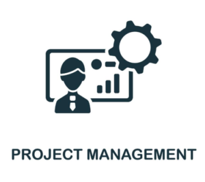 Project management icon with professional figure, data charts, and gear symbolizing tools.