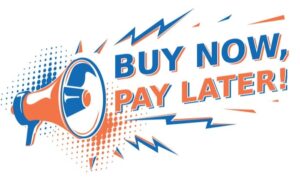 Buy Now Pay Later promo with megaphone and vibrant marketing design.