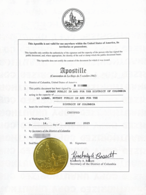 Apostille certificate authenticating District of Columbia notary public signature and official seal 2025.