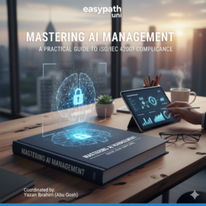 Mastering AI Management book with holographic brain and digital analytics in modern workspace.
