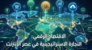 Global digital economy network with cryptocurrency, e-commerce, cloud computing, and data analytics icons.