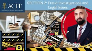 Fraud investigations and legal issues with justice scales, documents, and professional examiner.