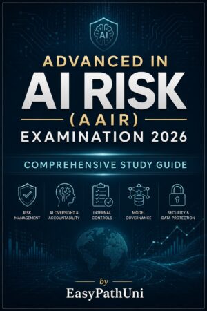 Advanced AI Risk Exam 2026 study guide cover—AI risk, model governance, security, EasyPathUni.