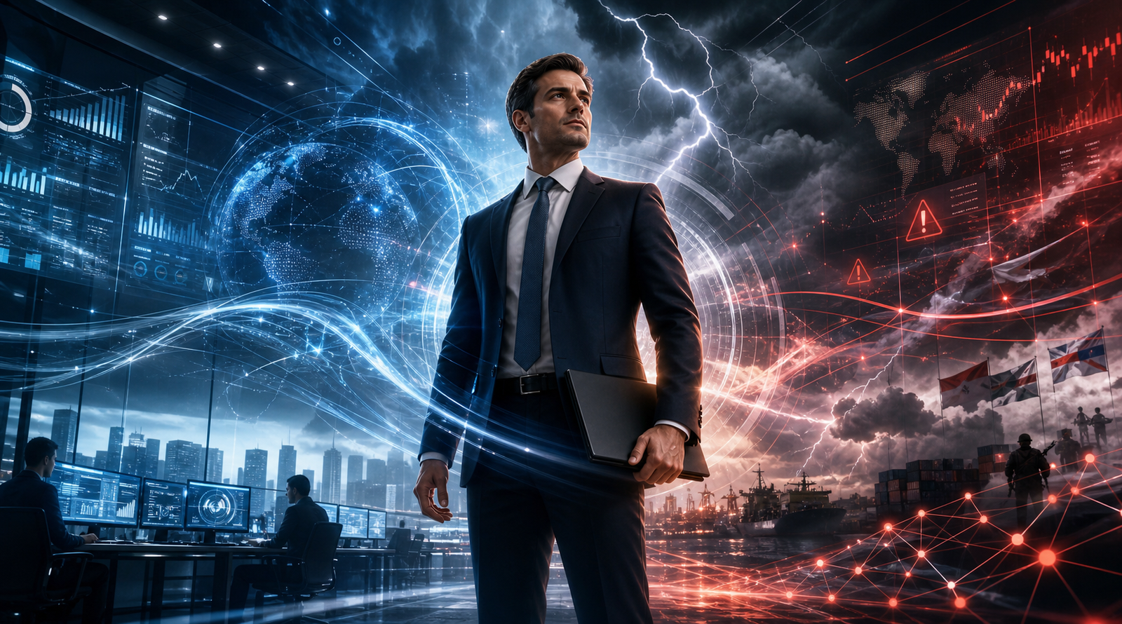 Businessman in suit holding portfolio amid futuristic skyline, data dashboards, and stormy cyber risk.