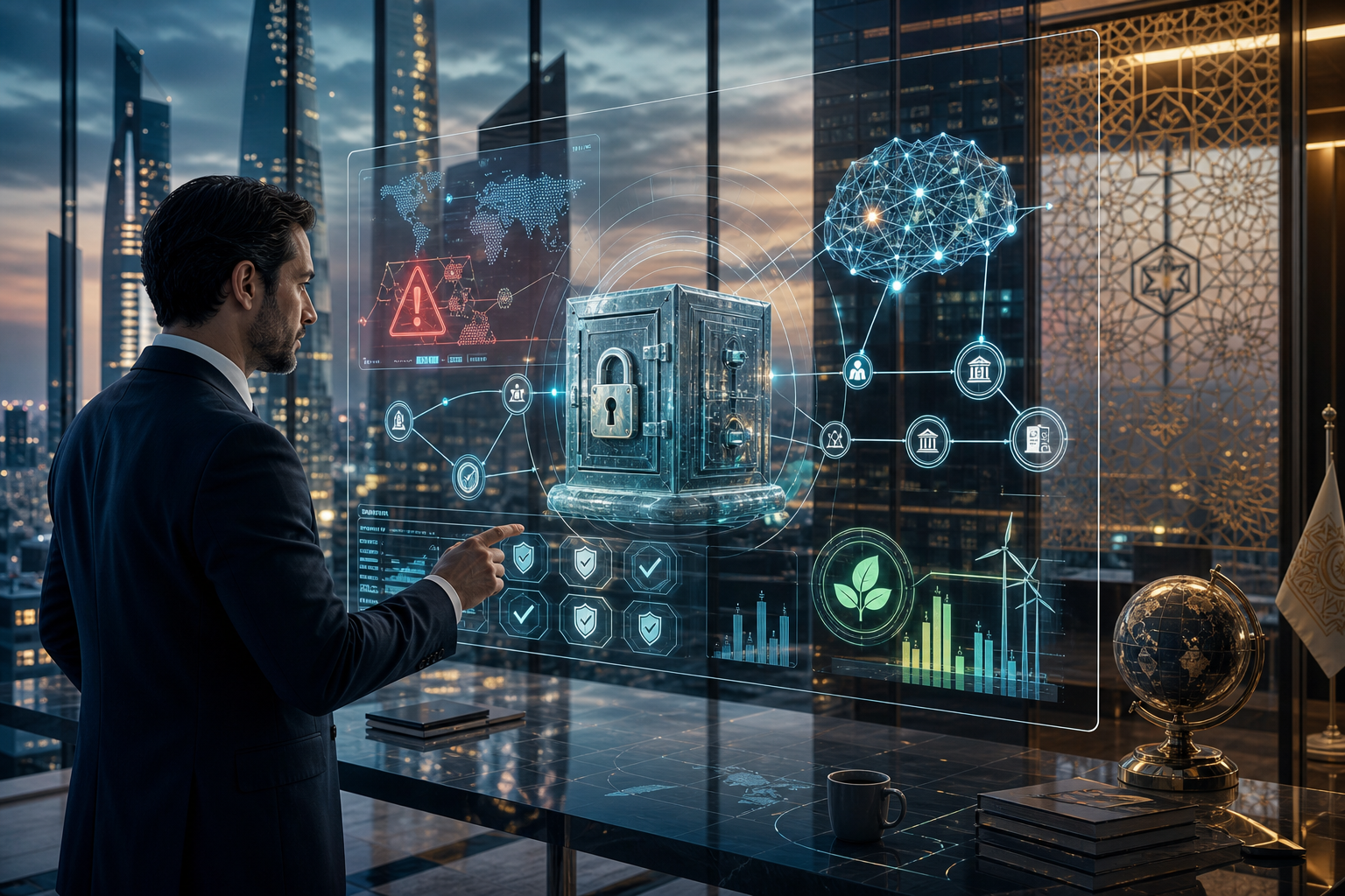 Executive interacting with holographic cybersecurity dashboard showing locked data vault, AI network, compliance icons.