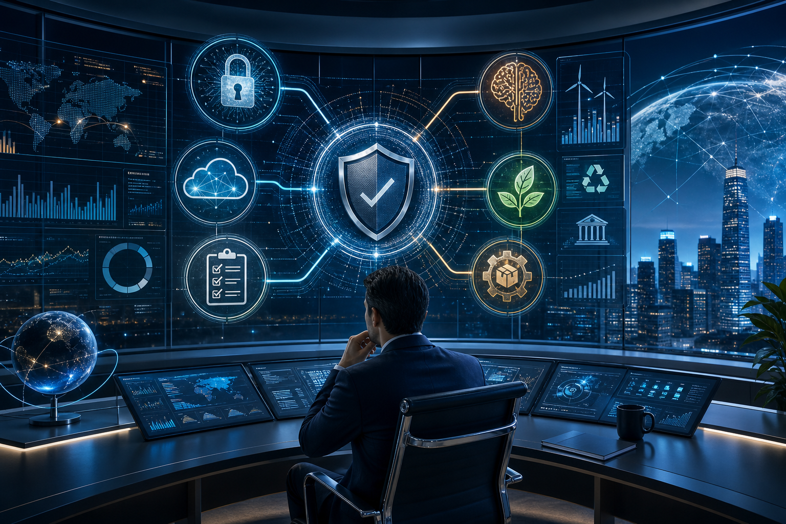 Executive monitoring dashboard showcasing cybersecurity, AI, cloud, sustainability, and global data analytics.