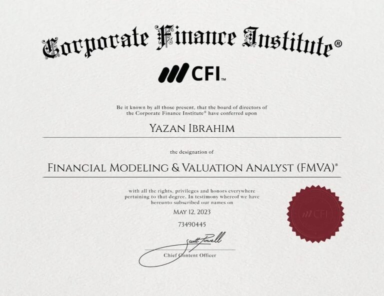 FMVA certificate of Yazan Ibrahim