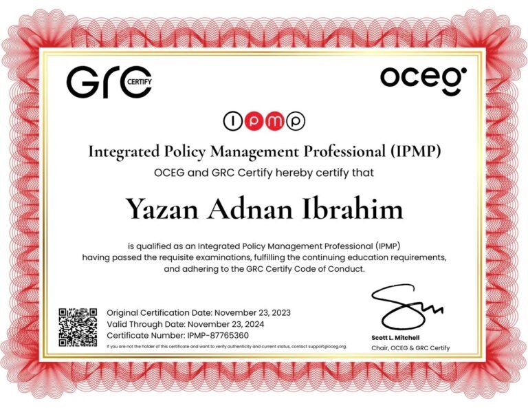 IPMP certificate of Yazan Ibrahim