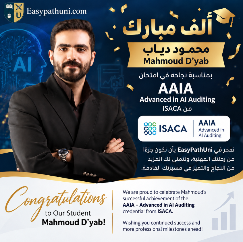 Mahmoud Dyab celebrates ISACA AAIA certification in AI auditing with professional portrait graphic.